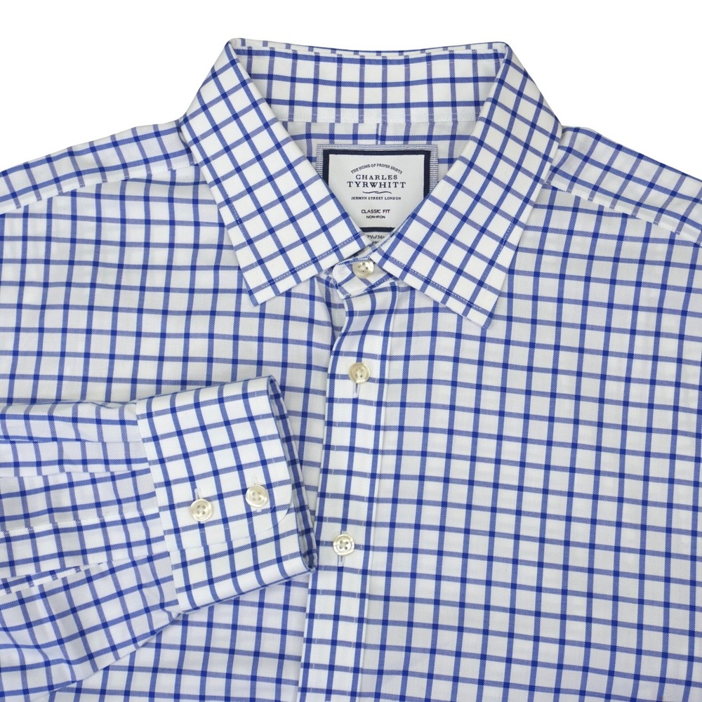Charles Tyrwhitt Button Down Mens 17.5 36 White Blue Classic Non-Iron Windowpane